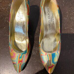 Charles Jourdan Paris France Closed toe vintage psychedelic pumps heels rainbow